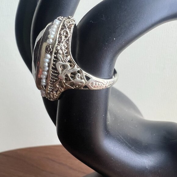 Antique 1920's Amethyst & Wired Seed Pearl Filigree Ring Set In 14k White Gold - Picture 4 of 8